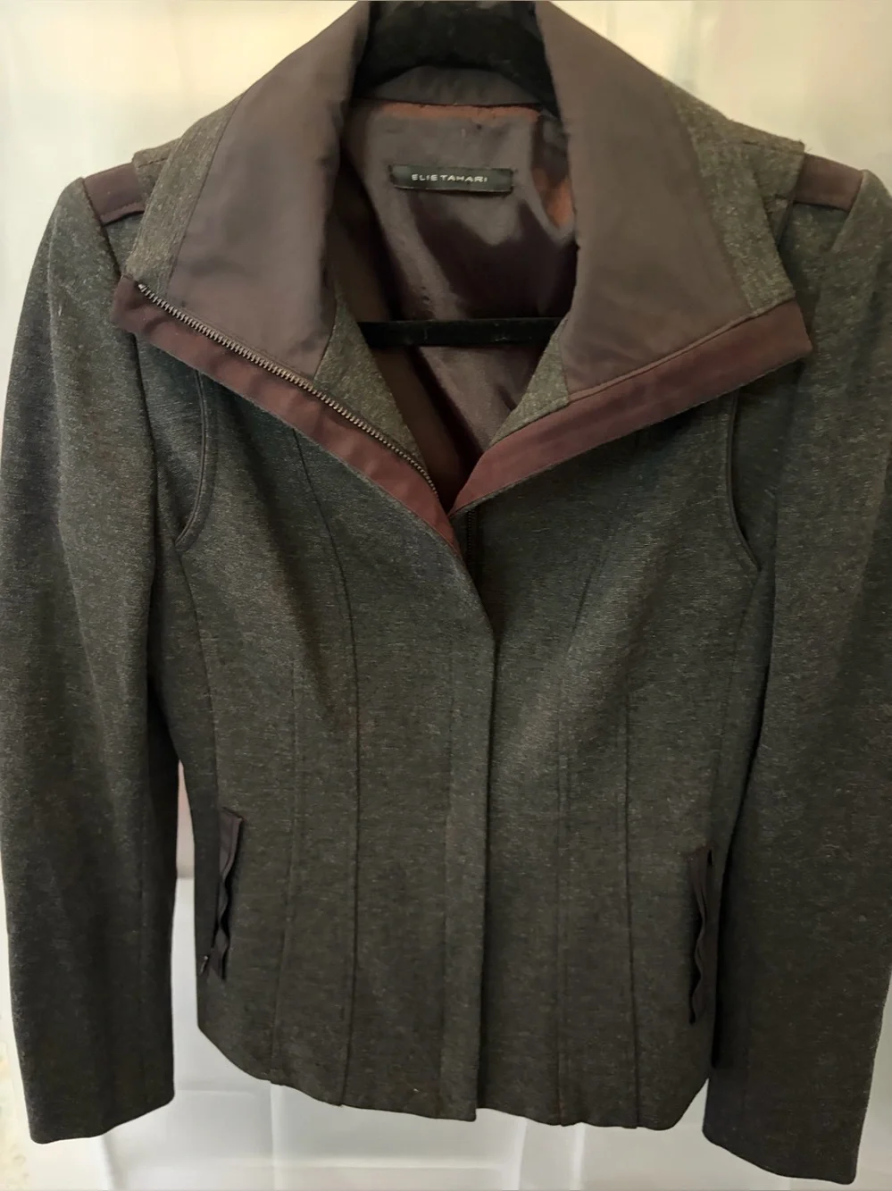 Elie Tahari Gray Jacket with Brown Contrast Collar